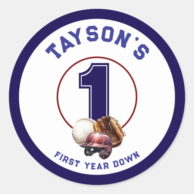 Baseball First Year Down 1st Birthday Runder Aufkleber (Vorderseite)