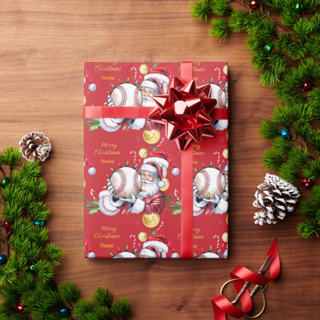 Baseball for Christmas with Santa Hat  Geschenkpapier (Feiertagsgeschenk)