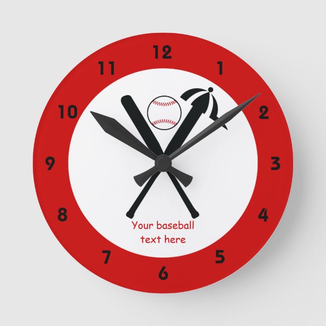 Baseball gekreuzte Fledermäuse und Kappe schwarz,  Runde Wanduhr (Vorderseite)