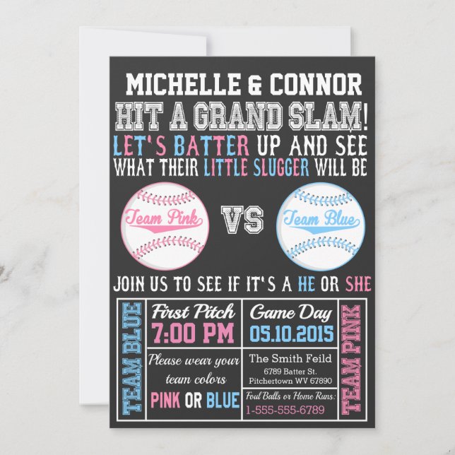 Baseball Gender Reveal Party Einladung Chalkboard (Vorderseite)