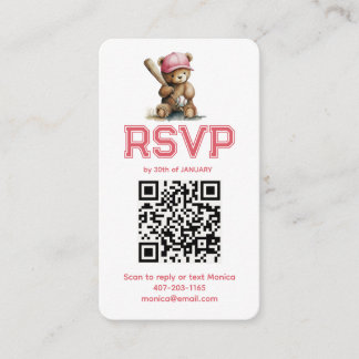 Baseball Girl Teddy Bear Baby Shower QR RSVP Begleitkarte