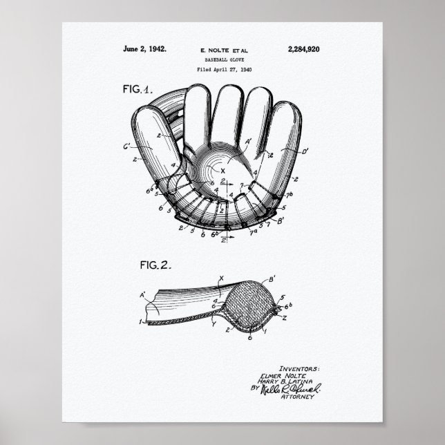 Baseball Glove 1942 Patent Art Weißbuch Poster (Vorne)