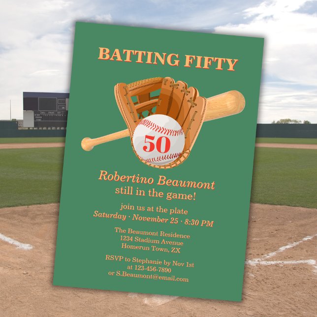 Baseball Glove Batting Fifty Men's 50th Birthday Einladung (Von Creator hochgeladen)