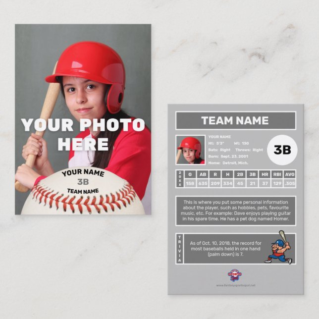 Baseball-Handelskarte graue Rückseite - Benutzerde Telefonnummerkarte (Vorne/Hinten)