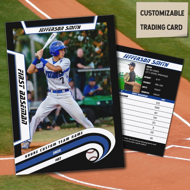 Baseball-Handelskarte Lively Blue Black Telefonnummerkarte (Baseball Player Trading Card in Black with Custom Team Name and White Blue Elements)