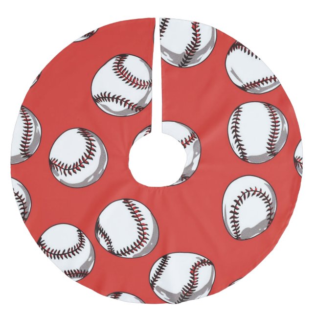 Baseball im roten Hintergrund Polyester Weihnachtsbaumdecke (Vorderseite)