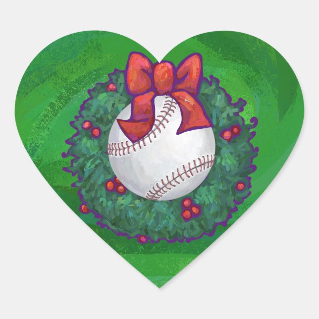 Baseball im Weihnachtskranz Herz-Aufkleber (Vorderseite)