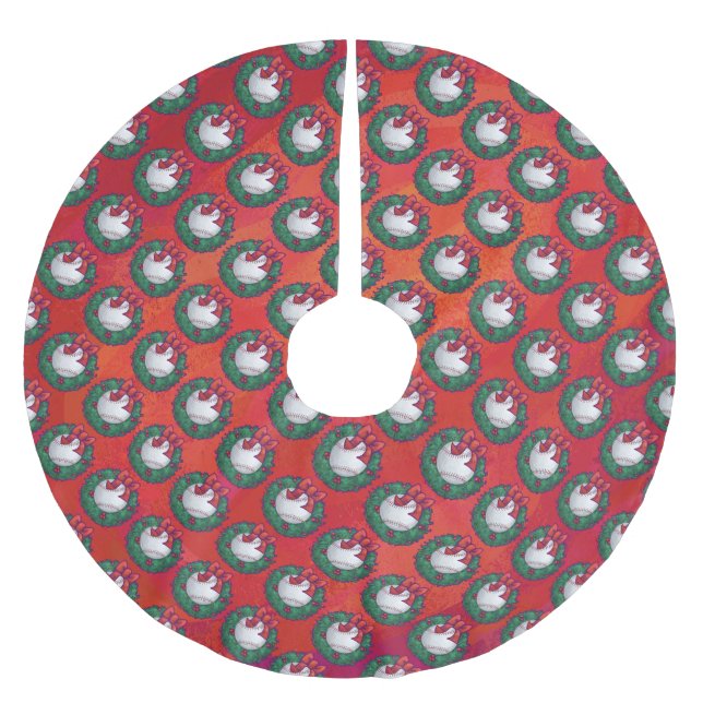 Baseball in Kreath auf Rot Polyester Weihnachtsbaumdecke (Vorderseite)