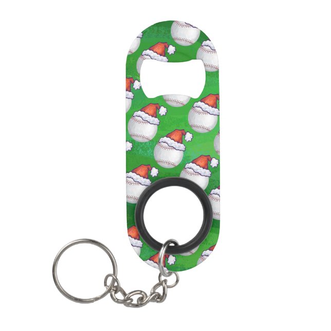 Baseball in Weihnachtsmannmütze Pattern auf Grün Schlüsselanhänger Flaschenöffner (Vorderseite)