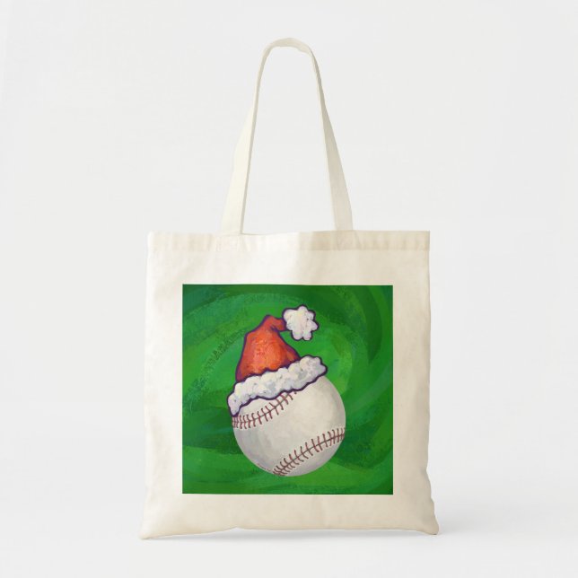 Baseball in Weihnachtsmannmütze über Grün Tragetasche (Vorne)