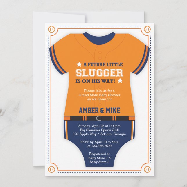 Baseball Jersey Baby Dusche, blau, orange Einladung (Vorderseite)