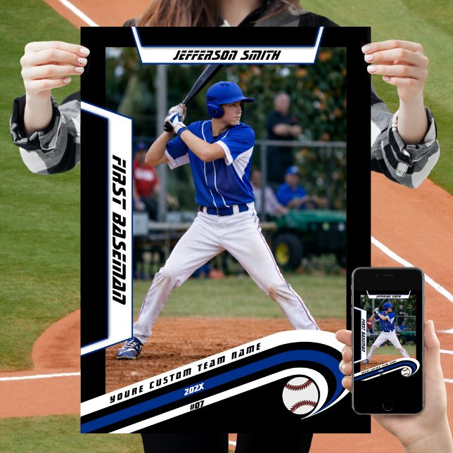Baseball Keepsakes in lebendig blauem Schwarz Cust Poster (Baseball Player Poster in Black and Blue with Custom Team Name and dynamic White Elements)