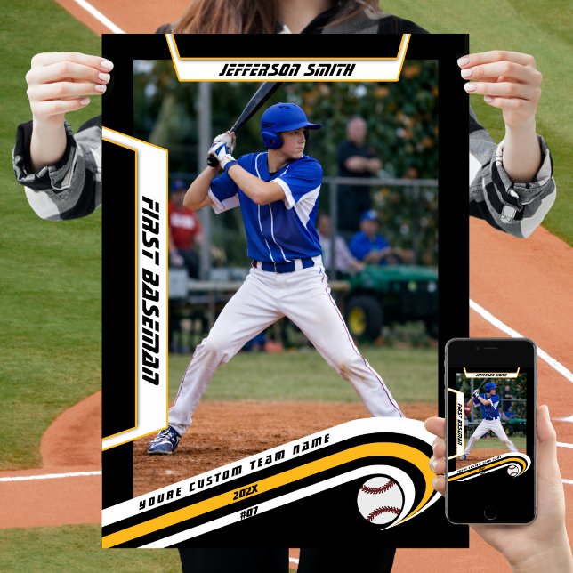 Baseball-Keepsakes in lebendig gelben schwarzen Br Poster (Baseball Player Poster in Black and Yellow with Custom Team Name and dynamic White Elements)