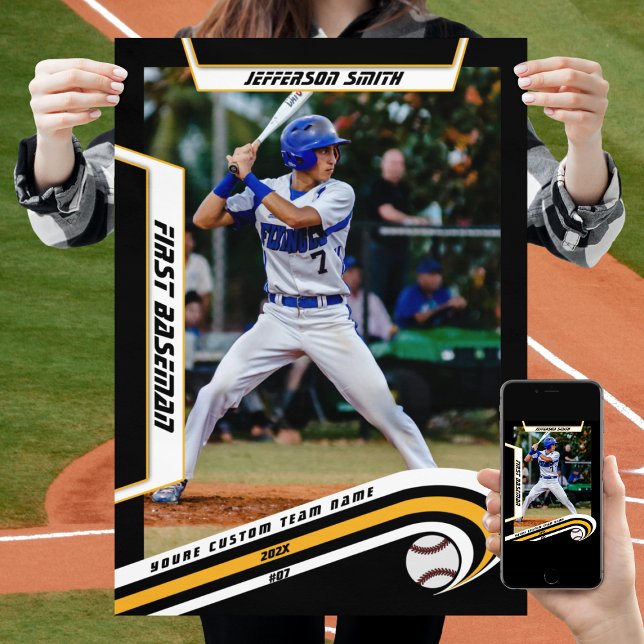 Baseball-Keepsakes in lebendig gelben schwarzen Br Poster (Baseball Player Poster in Black and Yellow with Custom Team Name and dynamic White Elements)