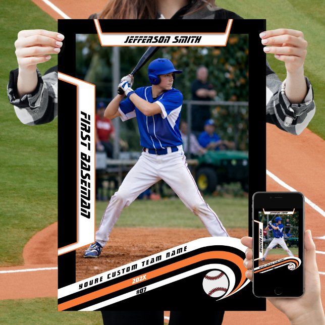 Baseball-Keepsakes in lebendig orangefarbener schw Poster (Baseball Player Poster in Black and Orange with Custom Team Name and dynamic White Elements)