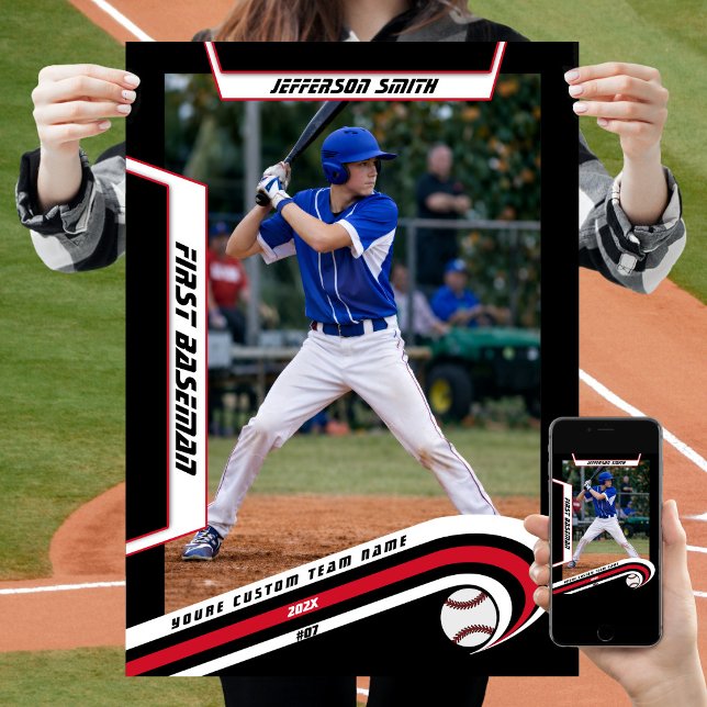 Baseball Keepsakes in lebendig roter schwarzer Bru Poster (Baseball Player Poster in Black and Red with Custom Team Name and dynamic White Elements)