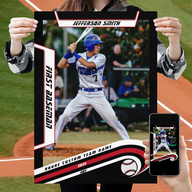 Baseball Keepsakes in lebendig roter schwarzer Bru Poster (Baseball Player Poster in Black and Red with Custom Team Name and dynamic White Elements)