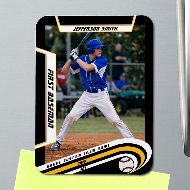 Baseball Keepsakes Lebhaft Gelbe schwarze Angewohn Magnet (Baseball Player Magnet in Black with Custom Team Name and White Yellow Elements)
