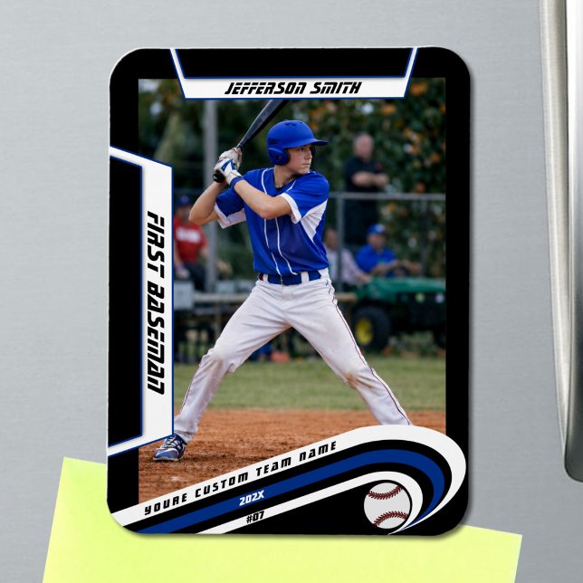 Baseball Keepsakes Lively Blue Black Custom Magnet (Baseball Player Magnet in Black with Custom Team Name and White Blue Elements)