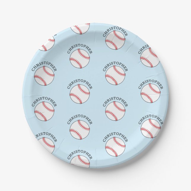 Baseball Kids Party Modernes Namensmuster Pappteller (Vorderseite)