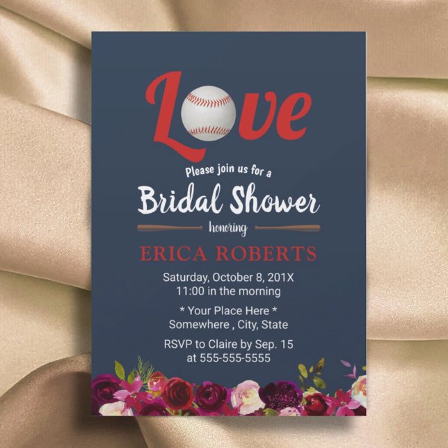 Baseball Liebe Burgund Brautparty der floralen Mar Einladung (Von Creator hochgeladen)