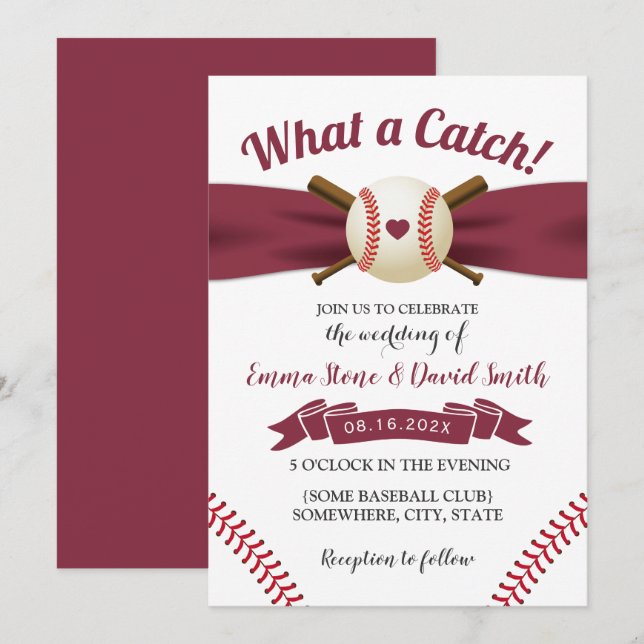 Baseball Liebe Burgund Red Ribbon Sporthochzeit Einladung (Vorne/Hinten)