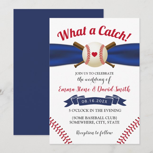 Baseball Liebe Navy Ribbon Sporthochzeit Einladung (Vorne/Hinten)