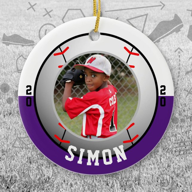 Baseball-Lila-White-Team-Farben Keramik Ornament (Purple and White Baseball Let's Go Team Ornament. Celebrate your high school or college athlete.)