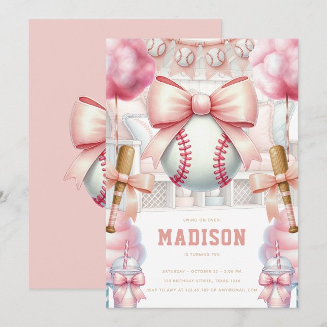 Baseball Luxury Birthday Girly Sports Theme Einladung (Vorne/Hinten)
