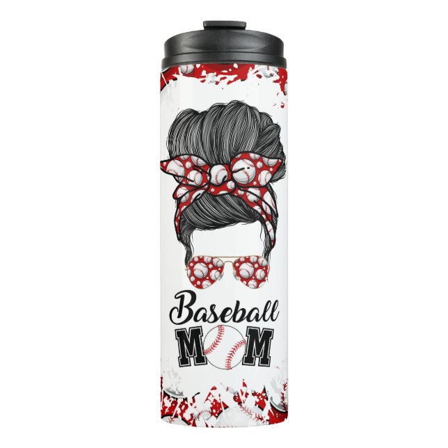Baseball Mama Messy Bun Red Travel Tumbler Thermosbecher (Vorderseite)