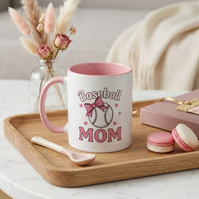Baseball-Mama Süßes Rosa-Schleifendesign Tasse (Baseball Mom Cute Mug)