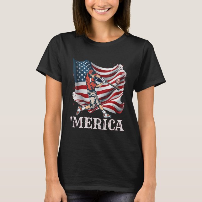 Baseball Merica Patriotic 4. Juli Amerikanische Fl T-Shirt (Vorderseite)