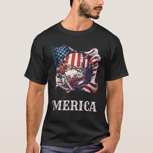 Baseball Merica Patriotic 4th July American Flag T-Shirt (Vorderseite)