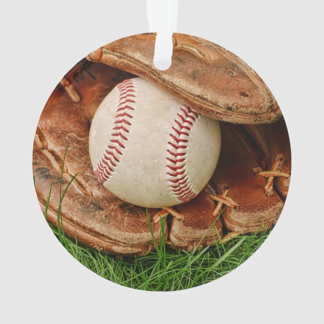 Baseball mit einem alten Mitt Ornament (Rückseite)