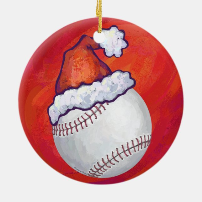 Baseball mit Weihnachtsmannmütze auf Rot Keramikornament (Hinten)