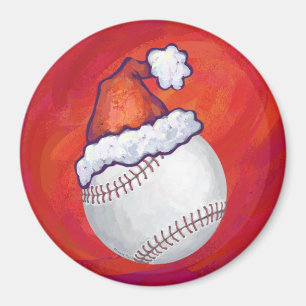 Baseball mit Weihnachtsmannmütze auf Rot Magnet