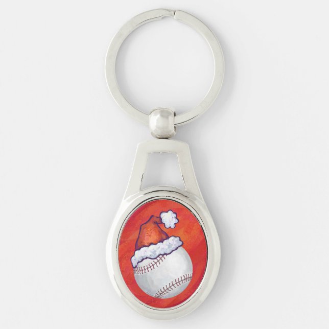 Baseball mit Weihnachtsmannmütze auf Rot Schlüsselanhänger (Vorderseite)
