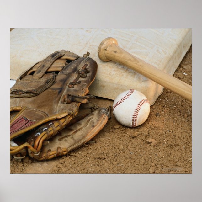 Baseball, Mitt und Bat auf Basis Poster (Vorne)