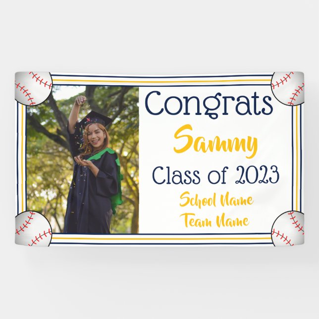 Baseball Navy & Gold One Foto Abschluss Banner (Horizontal)