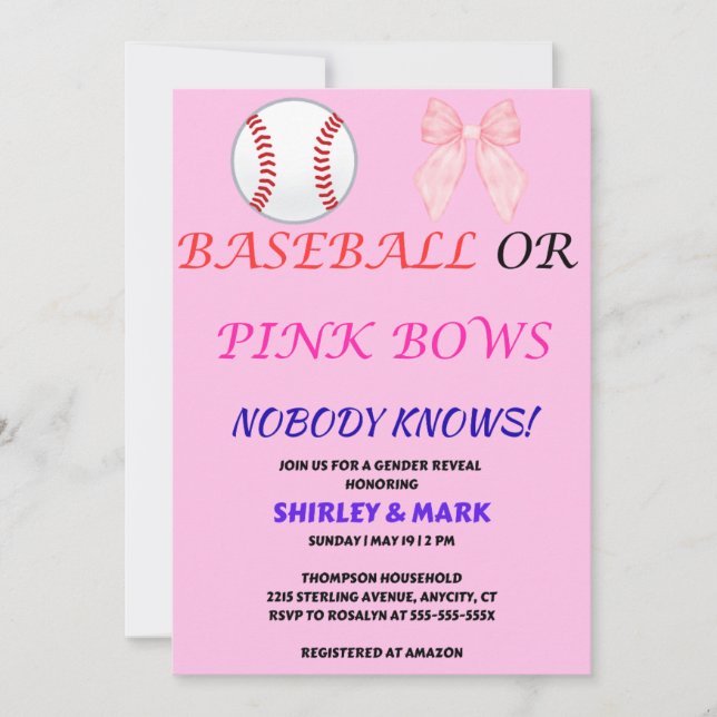 Baseball oder rosa Schleifen - Geschlecht- Enthüll Einladung (Vorderseite)