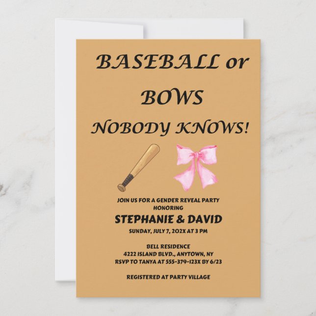 Baseball oder rosa Schleifen - Geschlechtsenthüllu Einladung (Vorderseite)