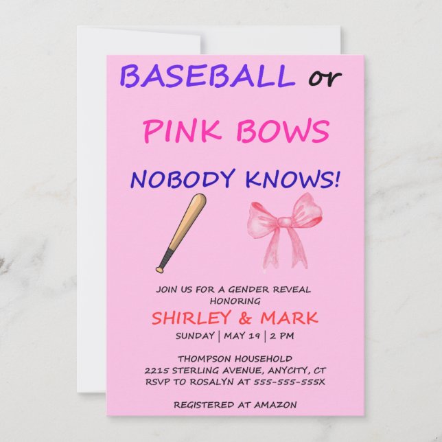 Baseball oder rosa Schleifen - Geschlechtsenthüllu Einladung (Vorderseite)