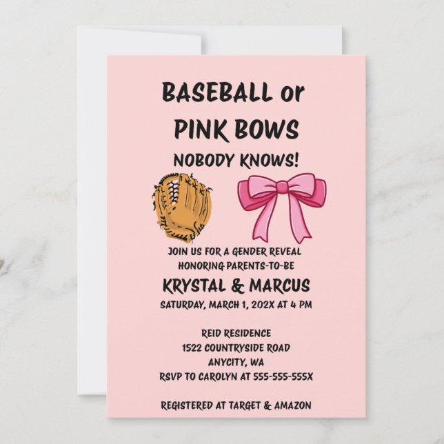 Baseball oder rosa Schleifen - Geschlechtsenthüllu Einladung (Vorderseite)