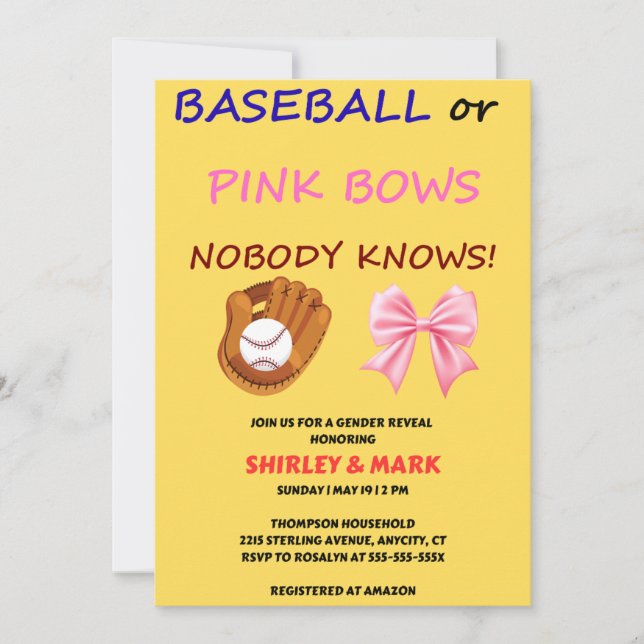 Baseball oder rosa Schleifen - Geschlechtsenthüllu Einladung (Vorderseite)