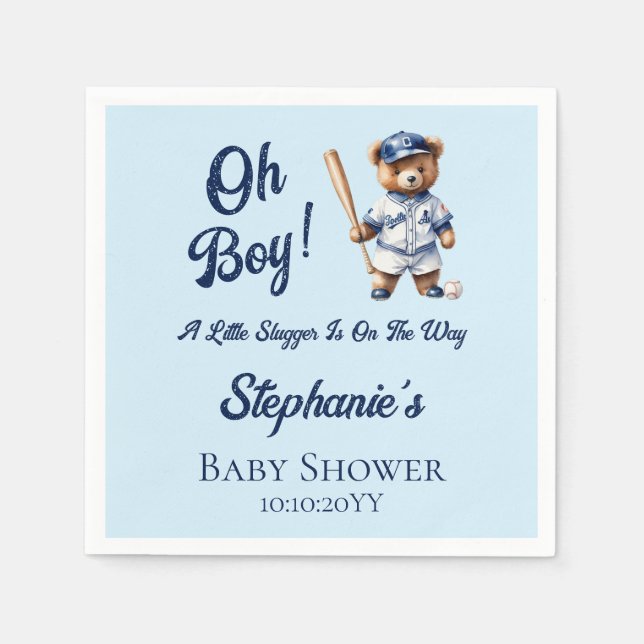 Baseball Oh Boy Baby Dusche Niedlicher Bär Serviette (Vorderseite)