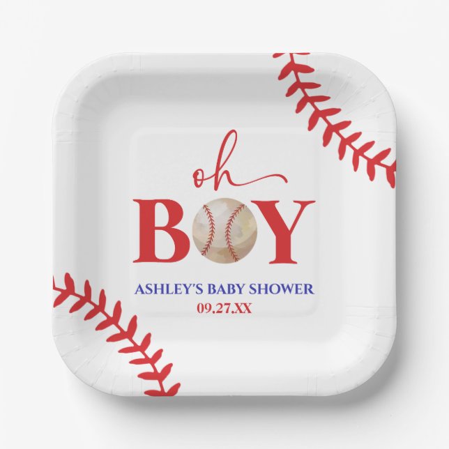 Baseball Oh Boy Brown White Baby Dusche Pappteller (Vorderseite)