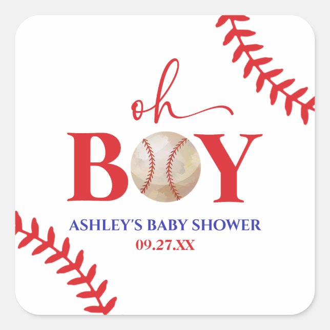 Baseball Oh Boy Red White Baby Dusche Quadratischer Aufkleber (Vorderseite)