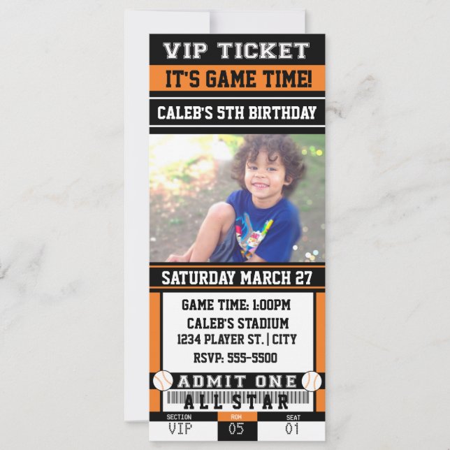 BASEBALL Orange & Black TICKET PHOTO Invitation (Devant)