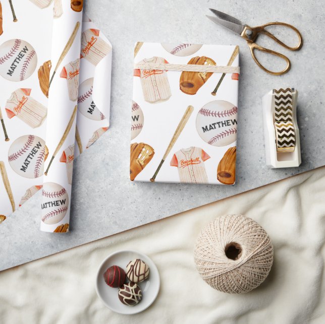Baseball Pattern Kids Name Wrapping Paper Geschenkpapier (Kunsthandwerk)
