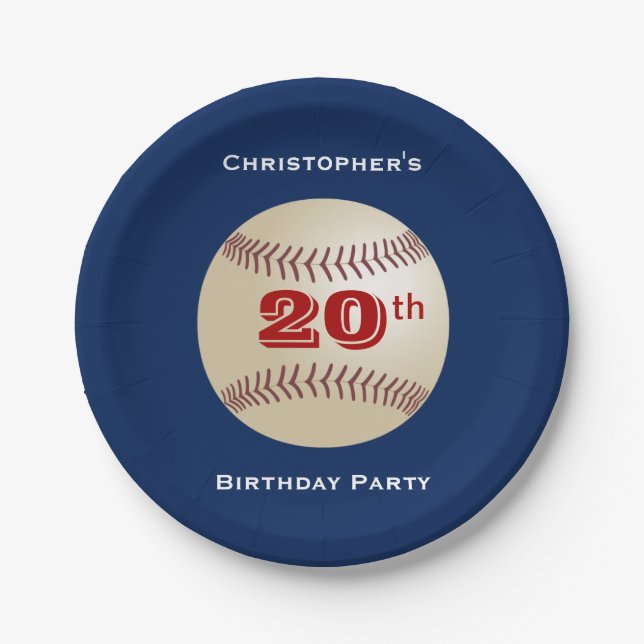 Baseball Personalize Name 20. Geburtstagspartei Bl Pappteller (Vorderseite)